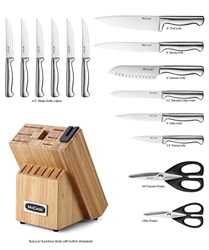 Mccook Mc19 15 Pieces Stainless Steel Knife Block Sets With Built-In Sharpener + Mcw11 Bamboo Cutting Boards Set Of 4 (Large, 17”11.4”0.8”) #TOP2