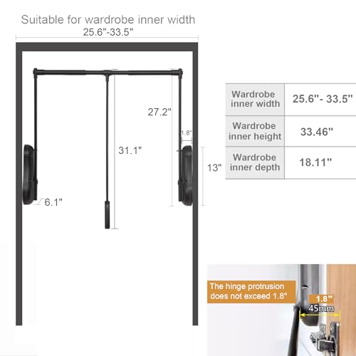 Image of Pull Down Closet Rod for Hanging Clothes, Wardrobe Lift Rail Aluminum Alloy Organizer, Side Mounted Closet Rod for Kitchen Bedroom High Cabinets, 66 lbs Load Capacity (Black, 25.6 inch-33.4 inch)