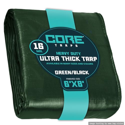 Core Tarps Extra Heavy Duty 16 Mil Tarp Cover, Waterproof, UV Resistant, Rip and Tear Proof, Poly Tarpaulin with Reinforced Edges for Roof, Camping, Patio, Pool, Boat (Green/Black 6′ X 8′)