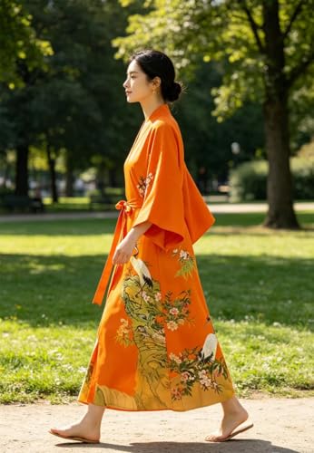 Image of Women's Classic 100% Silk Kimono Robe, Bathrobe-Printed Pattern