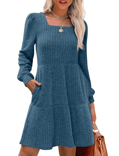 Image of Sampeel Womens Square Neck Long Sleeve Fall Dresses Casual Babydoll Sweater Dress