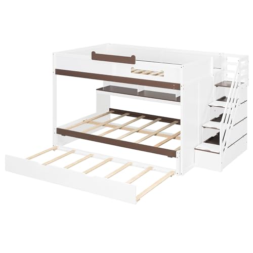 Image of Merax Full Over Full Wood Bunk Bed with Twin Size Trundle with Stairs & Hidden Storage & Shelves, Built-in 3-in-1 LED Lights, Multi-Level Storage Hub, Space-Saving Bedroom Furniture, White+Brown