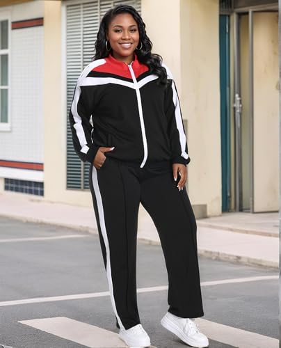 UOUA Women's Plus Size Jogging Suit 2 Piece Sweatsuit Long Sleeve Jacket & Pants Two Piece Track Set Outfit3
