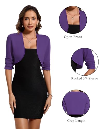 Image of MINTLIMIT Bolero Cardigans for Women Ruched 3 /4 Sleeve Open Front Cropped Cardigan Boleros Shrug Jackets for Evening Dresses