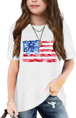 FKQRXO Independence Day Graphic Tees for Girls Kids Summer American Flag Patriotic 4th of July Short Sleeve T Shirt 5-14 Years(2026-White-Flag L)