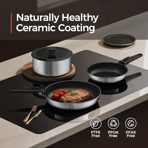 Image of 16PCS Pots and Pans Set Non Stick, Diamond-Titanium Ceramic Cookware Set & 3 Layer Stainless Steel with Detachable Handle, Induction Cookware, Non Toxic Oven /Dishwasher Safe, Black