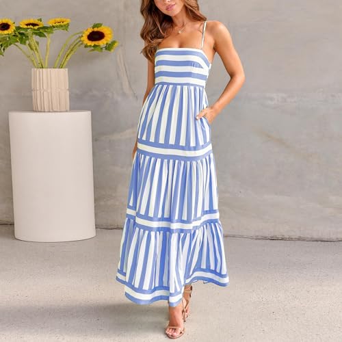 Image of KMBANGI Women Striped Sleeveless Maxi Dress Swing Patchwork Midi Dress Smocked Spaghetti Strap Colorful Long Sundress