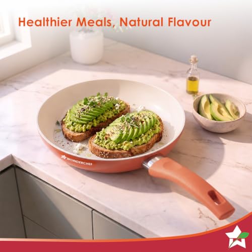 Image of Wonderchef Natura Ceramic Fry Pan for Cooking, 20cm, 1.2L, Non-Toxic Chemical-Free Coating, PFOA /PFAS-Free, for Kitchen, Scratch-Resistant, Gas & Induction Compatible, 2-Yr Warranty, Peach