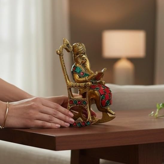 Image of KridayKraft Chair Ganesha ji Reading Book with Stone Work,Ganesha Metal Statue,Ganpati Murti Idol for Pooja & Home,Office Decor Ganesh Idol Religious Showpiece for Decoration & Gifting Article