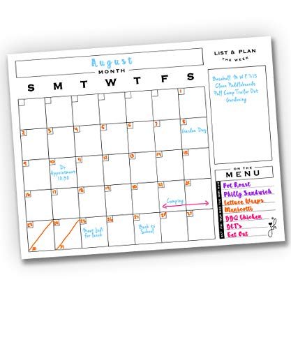 Jennakate - Monthly Calendar for Fridge -Dry Erase Flexible Whiteboard Magnet with Menu -Mid Mod Style (18