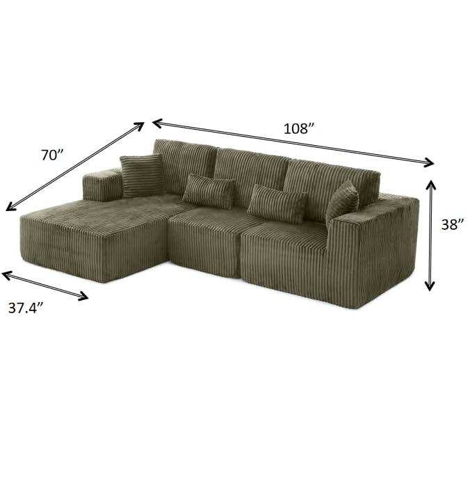 Image of 108 inch Boneless Cloud Sectional Couches for Living Room, Comfy Fluffy L Shaped Memory Foam Deep Seat Boneless Couch, Modular Sectional Sofa with Left Facing Chaise, Olive Green