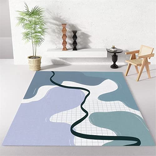 Tapis bleu abstrait 160x200cm de salon au tissage géométrique lavable haut de gamme