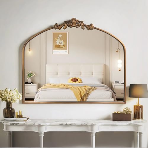 HQiJun Gold Wall Mirror, Large Arched Vintage Baroque Ornate Mirrors, Traditional Decorative Antique Brass Mirror for Entryway, Living Room, Bedroom, Bathroom Vanity, Fireplace Mantel(Gold,29'x36')