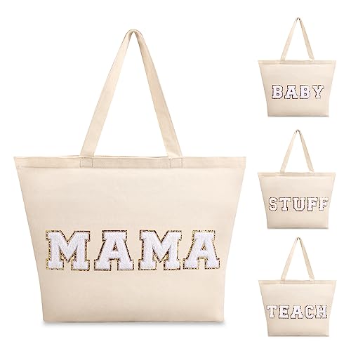 Image of Iqimott Canvas Tote Beach Bag Summer Pool Beach Totes Bag, Travel Chenille Letter Patch Makeup Bag Cosmetic Bag for Women