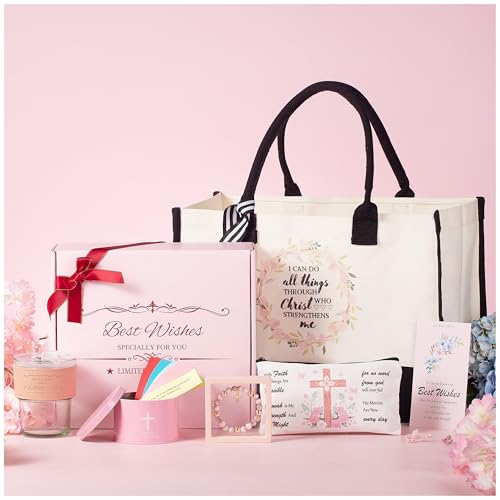 Evelunya Christian Gifts for Women: Faith Gift Set Bible Verse Jar (90) Canvas Tote Bag Makeup Bag Glass Tumbler Cross Bracelet Luxurious Gift Box