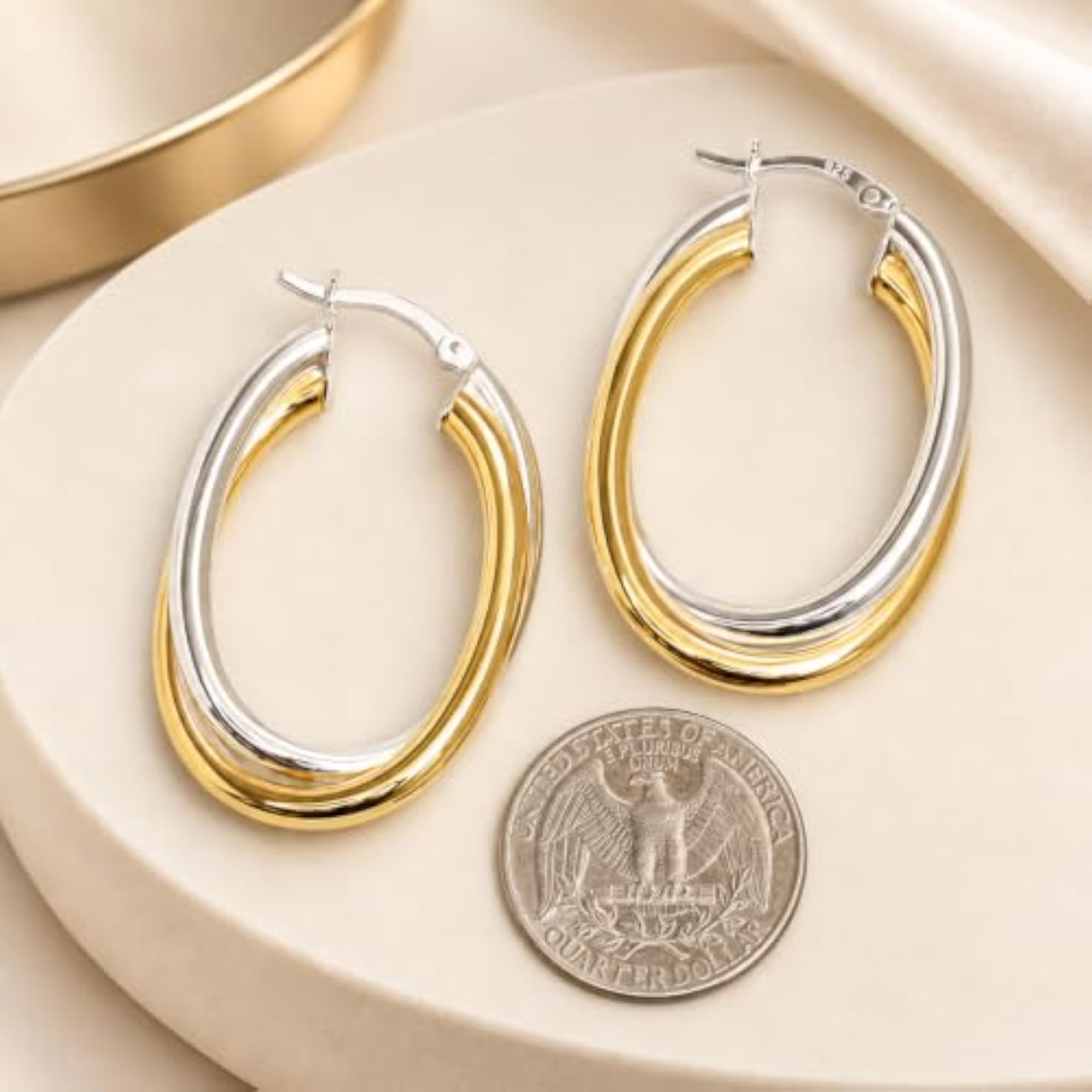 Women's 925 Sterling Silver Thick Hoop Earrings, Two-Tone