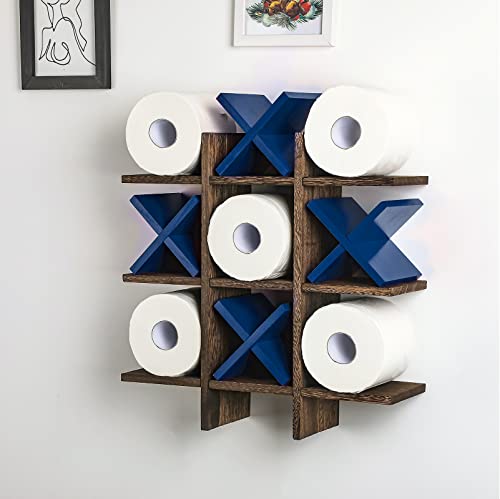 Weysat Tic Tac Toe Toilet Paper Holder Stand Bathroom Wall Decor Rustic Wooden Hanging Storage Freestanding Wall Mounted Shelves Decor for Toilet Tissue Farmhouse