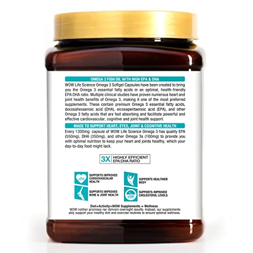 Image of WOW Life Science Omega-3 Fish Oil 1300 mg Triple Strength - 550mg EPA & 350mg DHA for Joints, Heart & Brain Health - 180 Capsules & WOW Life Science Vitamin K2 55mcg - 60 Vegetarian Capsules