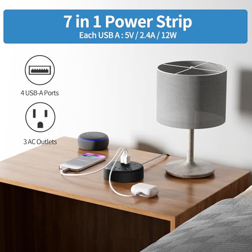 Cable de extensión plano 10 ft, regleta NTONPOWER ultra delgada con 4 puertos USB y 3 tomacorrientes, montable en pared, compacto para oficina en casa, viaje y dormitorio, negro miniatura 5