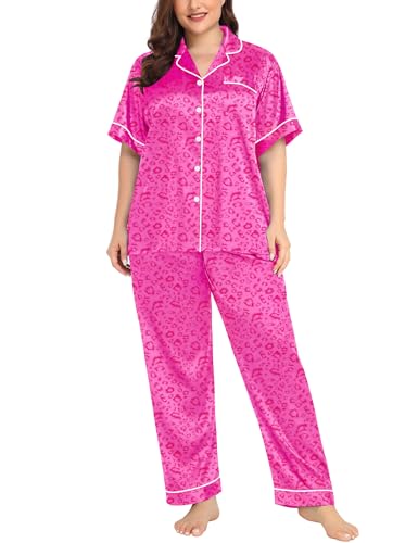 Image of SWOMOG Women's Plus Size Pajamas Silk Satin Pajama Set Short Sleeve Shirt with Full-Length Pants Pjs Sleepwear Set 18W-26W