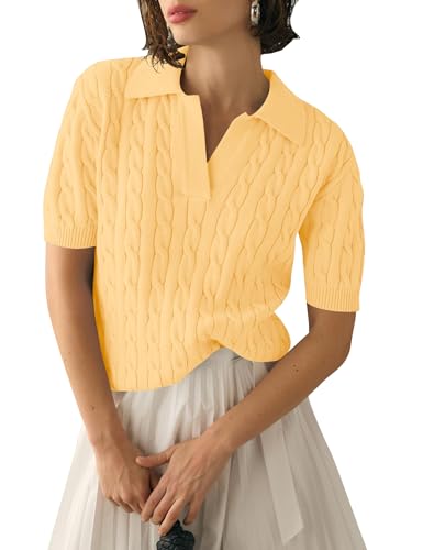 Image of Micoson Womens Short Sleeve Sweater Tops Lapel V Neck Polo Shirts 2026 Summer Cable Knit Loose Blouse Business Casual Outfits
