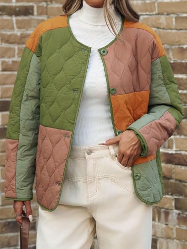 Tankaneo Army Green Color Block Quilted Lightweight Jacket with Oversized Collarless Design – Perfect for Every Season! - Image 4
