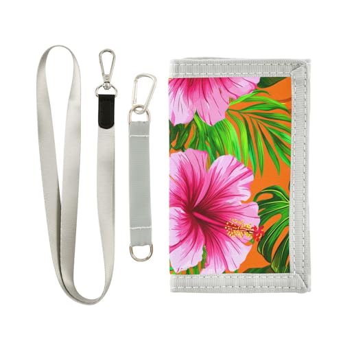 Hibiscus Monstera Orange Kids Wallet for Boys Girls Trifold Sport Outdoor Wallets for Teen Children Youth Wallet with Zippered Coin Pockets Card Holders Front Pocket Wallets with Magic Sticker