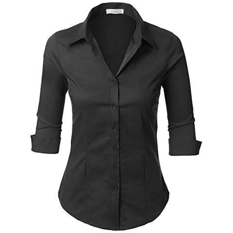 LE3NO Womens Roll Up 3/4 Sleeve Button Down Shirt with Stretch, L3NWT574_BLACK, X-Large Cover