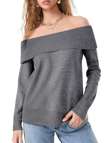 Women's Off Shoulder Knit Sweater Long Sleeve Pullover, Fall Winter Oversized Ribbed Jumper Loose Casual Sweaters4