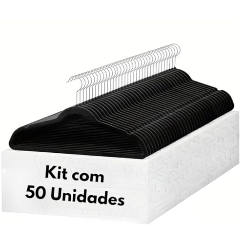 Cabide De Veludo Preto Adulto Ultrafino Slin Antideslizante Kit com 50 Un.Cabides 360°Graus Para Roupas Casacos Camiseta Calça Reforçado