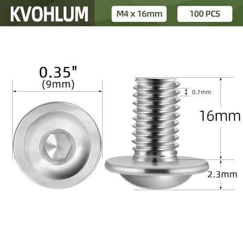 Image of 100 PCS M4-0.7 x 16mm Flanged Button Head Socket Cap Bolts Screws, Allen Socket Drive, Stainless Steel 304, Bright Finish, Screwdriver Bit Included