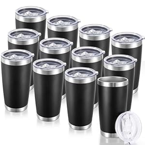 20 oz Tumblers Bulk Stainless Steel Tumbler with Lid Double Wall Vacuum Insulated Coffee Mug 20oz Powder Coated Cup for Hot and Cold Drinks (Black, 12 pack)