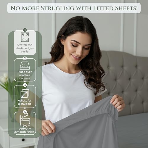 Image of Royale Linens 100% Organic Cotton Queen Fitted Sheet Only - Percale Weave - Super Soft Deep Pocket Bottom Sheets - Grey Elastic Sheet - Queen Size Fitted Sheets Only - (60 inchx80 inch+15 inch, Grey)