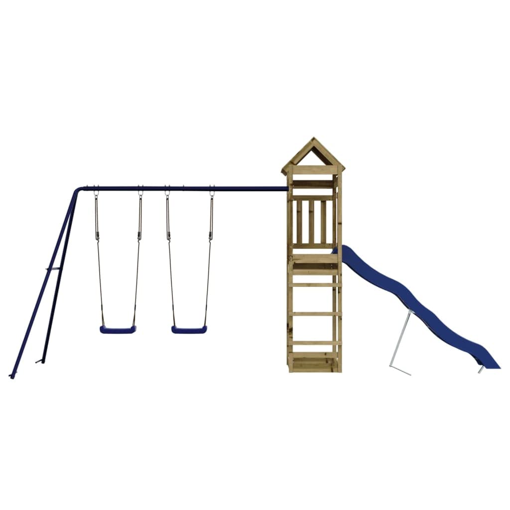 Torre giochi in legno di pino impregnato con scivolo ondulato, doppia altalena e sabbiera, piattaforma da 118 cm, parco giochi da giardino per bambini da 3 a 8 anni all'aperto
