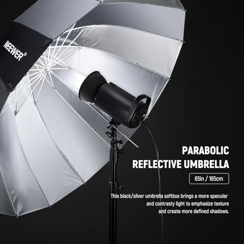 Image of NEEWER 65 inch /165cm Parabolic Reflective Umbrella Photography with Silver Inner, Soft Lighting with Diffuser Cover, Bag, Quick Fold for Camera Photo Studio Video Light Shooting Monolight Flash, NS3U