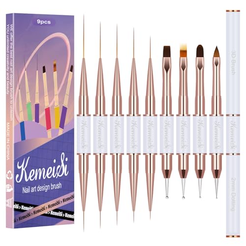 KEMEISI Nail Art Brush Set, 9PCS Double-Ended Acrylic Liner Brush Dotting Pen for Gel Polish, Nail Design Tools for Professional Manicure DIY Home Salon