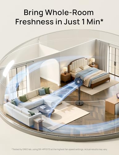 Image of DREO Smart Fan for Bedroom, 150+120 Omni-directional Oscillating, Quiet 20dB Fan, 100ft Air Circulator Pedestal Fan with DC Motor, 12 Speeds, 6 Modes, 37-42 inch Height, Wi-Fi /Voice /Alexa，RGB LED