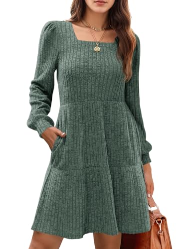 Cicy Bell Freizeitkleider für Damen Pulloverkleid Langarm A-Linie Quadratischer Ausschnitt Knielang Pullikleid Casual Babydoll Herbst...