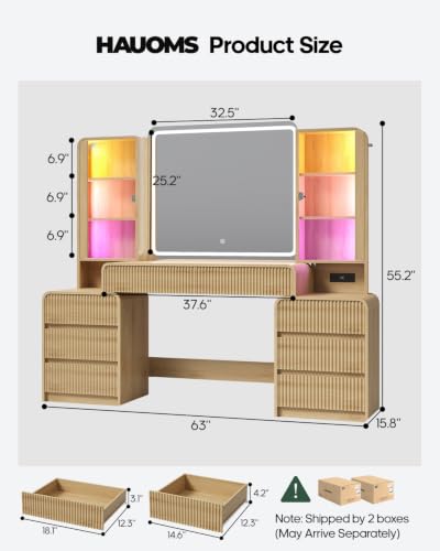 Image of Big Vanity Desk, Fluted Makeup Vanity with Mirror Lights, Dressing Table