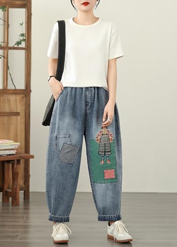 LAI MENG FIVE CATS Women Baggy Jeans Elastic Waist Barrel Denim Loose Harem Ankle Pants2