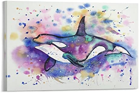 HDYDJS Colorful Killer Whale Watercolor Poster Canvas Painting Wall Art Poster for Bedroom Living Room Decor 16x24inch(40x60cm) Frame-Style