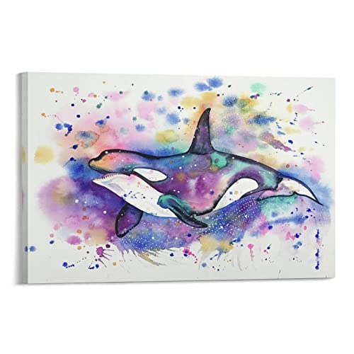 Hdydjs Colorful Killer Whale Watercolor Poster Canvas Painting Wall Art Poster For Bedroom Living Room Decor 16X24Inch(40X60Cm) Frame-Style #TOP3