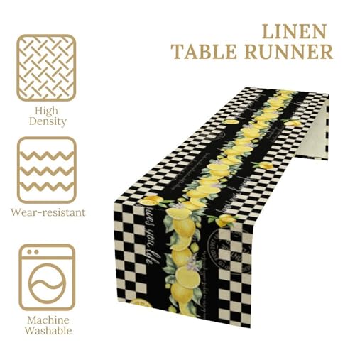 Image of Lemon Table Runner 13 inchx72 inch - Italian Style Black White Checkered Kitchen Table Decor with Yellow Lemons and Floral Print - Rustic Vintage Dining Room or Summer Party Decoration