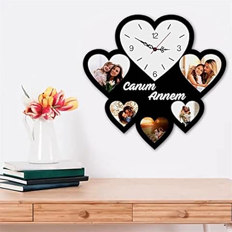 Collienght Personalized Heart Photo Wall Clock Custom Text Digital Clock 12 inches Wooden Wall Frame Design Your Own Clock for Bedroom Living Room Decor (6 Heart Photo Wall Clock) Cover