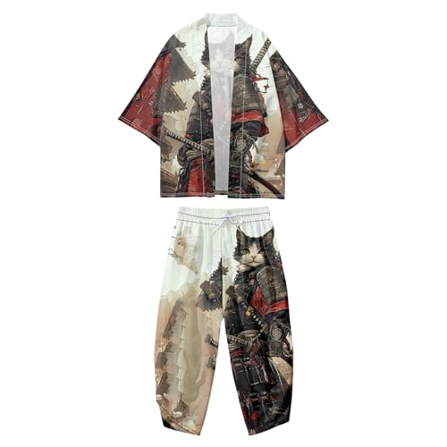 Image of DOSLAVIDA Men's Japanese Kimono Cardigan Suit Chinese Style Printed Jacket Pants Set Open Front Seven Sleeve Top & Shorts