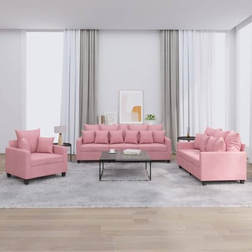 vidaXL Sofagarnitur 3-TLG., Sessel Couch mit Kissen, Sofa Wohnzimmersofa mit Armlehnen, Couchgarnitur Designsofa Sitzmöbel Polstermöbel, Rosa Samt – Bild 3