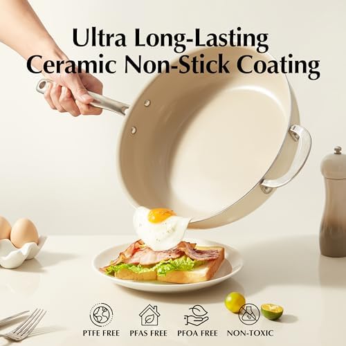 Redchef Ceramic Saute Pan with Lid, Nonstick Deep Frying Pan, 5QT Jumbo Cooker with Helper Handle & Lid, Non Toxic Ceramic Cooking Pan, Chef Pan, Dishwasher & Oven Safe, PFAS PFOA & PTFE Free - Thumbnail 3