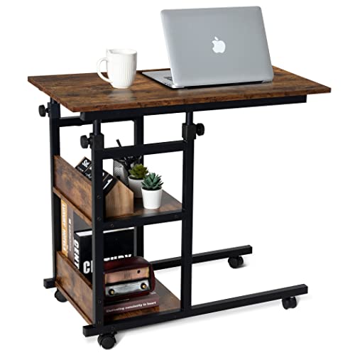 Lavievert C-Shaped Side Table With Storage Shelves, Height Adjustable Sofa Couch Coffee End Table Bedside Table Laptop Desk With Wheels For Living Room, Bedroom - Rustic Brown #TOP12