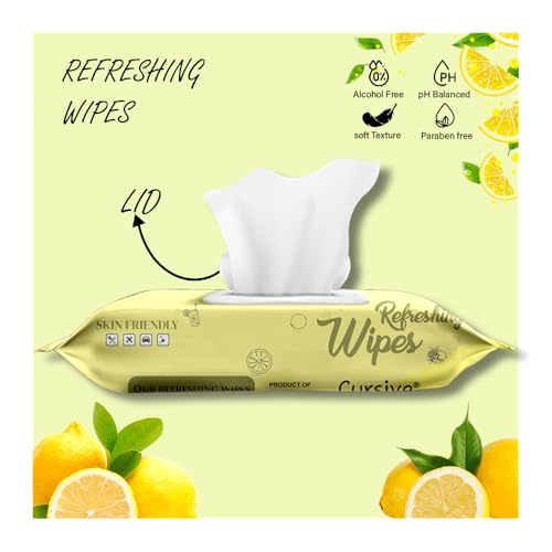 Image of Cursive Refreshing Face Wipes Daily Cleansing Facial Wipes 25 Each - Pack of 3 | with Lemon Mint & vitamin E | Mackup Removel Wipes | Paraben & Alcohol free With Lid
