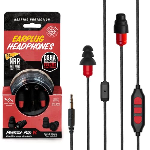 Plugfones Protector Plus VL インイヤーイヤープラグ イヤホン ノイズリダクションヘッドホン ノイズアイソレーションマイクとコントロール付き ブラック&レッド